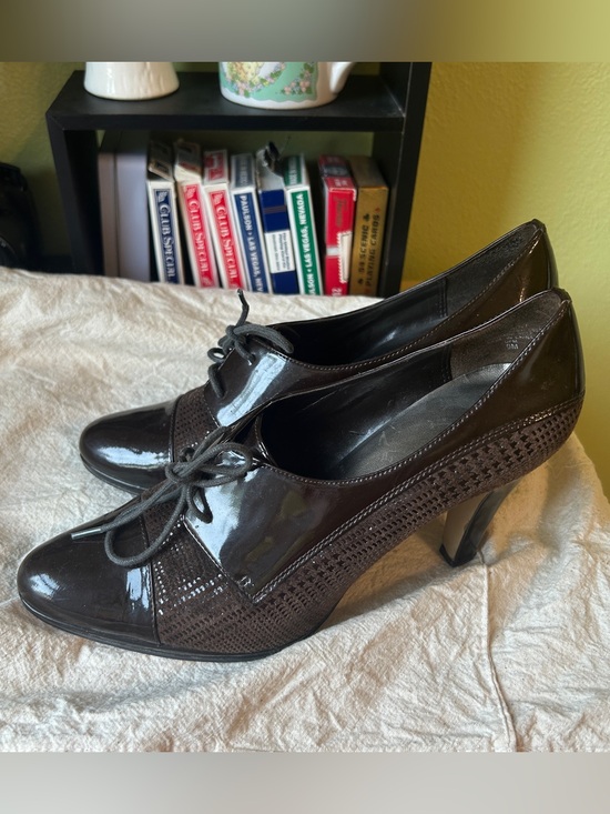 Anne Klein Shoes - Anne Klein Dark Brown Patent Lace-Up Heeled Oxfords